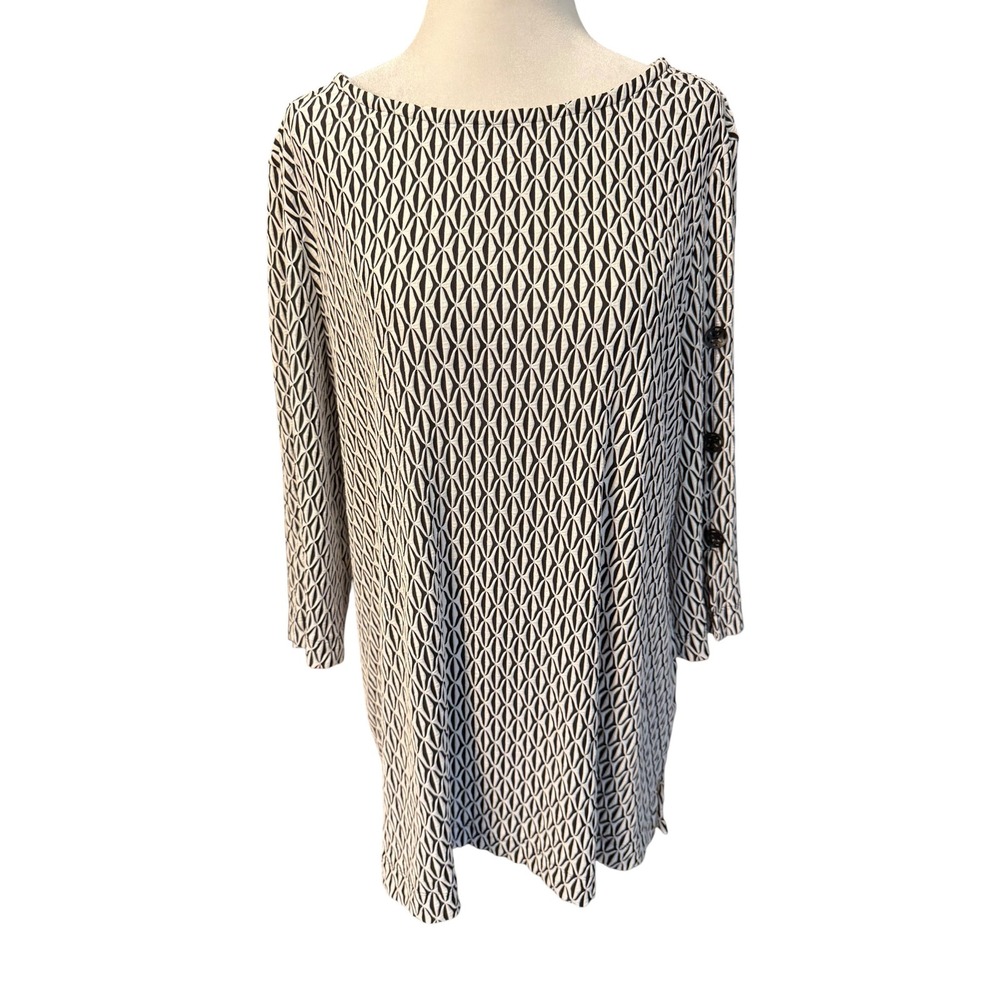 Ali Miles Womens Black White Geometric Textured 3/4 Sleeve Button Tunic Top L